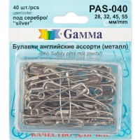 Булавки английские Gamma PAS-040 ассорти под серебро сталь в блистере 40 шт 28мм, 32мм, 45мм, 55мм