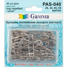Булавки английские Gamma PAS-040 ассорти под серебро сталь в блистере 40 шт 28мм, 32мм, 45мм, 55мм