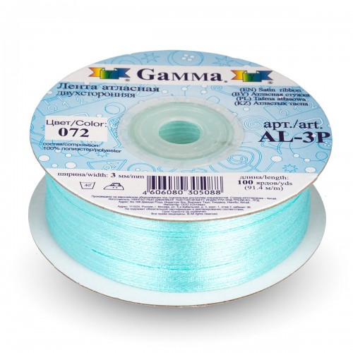 Лента атласная 3 мм ( 1/8 ")  "Gamma"   AL-3P   двухстор.   91.4 м №072 т-голубой