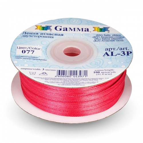 Лента атласная 3 мм ( 1/8 ")  "Gamma"   AL-3P   двухстор.   91.4 м №077 бордовый