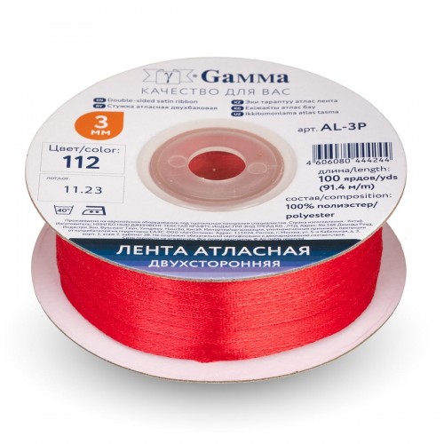 Лента атласная 3 мм ( 1/8 ")  "Gamma"   AL-3P   двухстор.   91.4 м №112 т.красный
