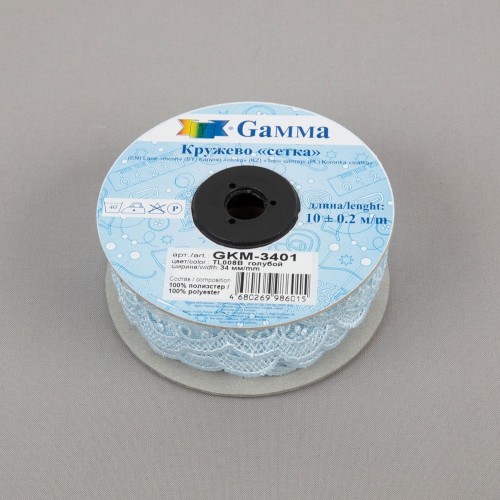 Кружево "Gamma"   "сетка"   34 мм  GKM-3401   в рулоне   10 м ± 0.2   Турция TL008B голубой