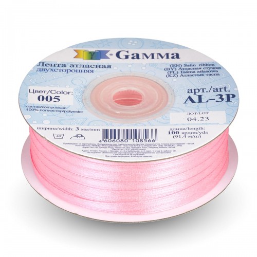 Лента атласная 3 мм ( 1/8 ")  "Gamma"   AL-3P   двухстор.   91.4 м №005 розовый