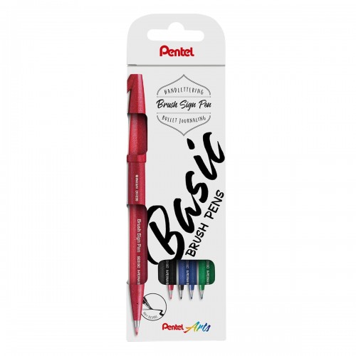 "Pentel"   Набор Brush Pen в картоне, 4 цвета   от 0.2 мм   4 цв.  кисть SES15-4