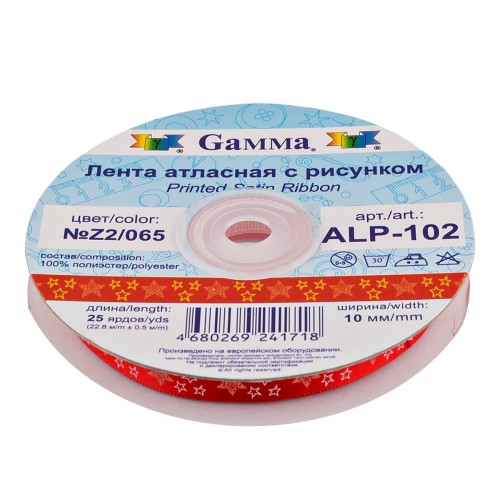 Лента атласная 10 мм ( 3/8 ")  "Gamma"   ALP-102   с рисунком   22.8 м ± 0.5 м H13/026 сердечки/красный