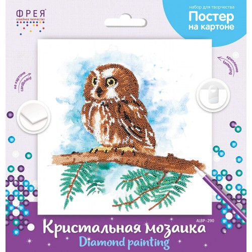 Кристальная (алмазная) мозаика  "ФРЕЯ" ALBP-290   постер "Совенок на ветке" 30 х 30 см
