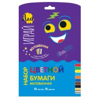 "Лео"   "Играй"   Цветная бумага (+золото и серебро), односторонняя, мелованная   LPCP-08   115 г/м2  A4   21 х  28.5 см  10 л.  10 цв. .