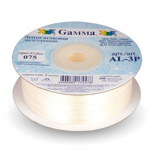 Лента атласная 3 мм ( 1/8 ")  "Gamma"   AL-3P   двухстор.   91.4 м №075 кремовый
