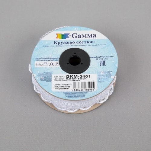 Кружево "Gamma"   "сетка"   34 мм  GKM-3401   в рулоне   10 м ± 0.2   Турция TL001WH белый