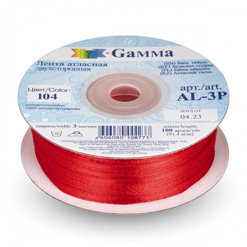 Лента атласная 3 мм ( 1/8 ")  "Gamma"   AL-3P   двухстор.   91.4 м №104 т.красный