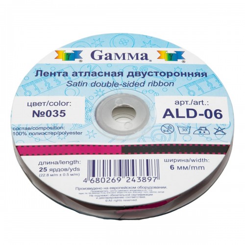 Лента атласная 6 мм ( 1/4 ")  "Gamma"   ALD-06   двухстор.   22.8 м ± 0.5 м №035 яр.розовый/черный