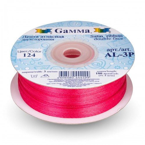 Лента атласная 3 мм ( 1/8 ")  "Gamma"   AL-3P   двухстор.   91.4 м №124  св-вишневый