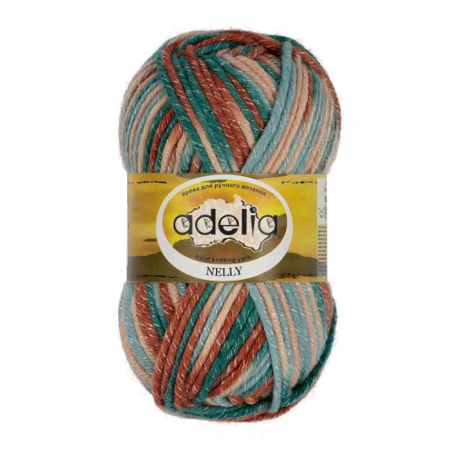 Пряжа ADELIA "NELLY"   70\% шерсть, 30\% акрил   5 шт. х  100 г  100 м ± 5 м №32 св.бежевый-терракотовый-серо-голубой-изумрудный