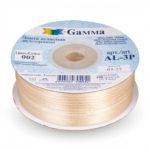 Лента атласная 3 мм ( 1/8 ")  "Gamma"   AL-3P   двухстор.   91.4 м №002 св.розовый