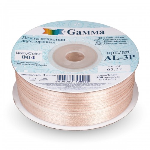 Лента атласная 3 мм ( 1/8 ")  "Gamma"   AL-3P   двухстор.   91.4 м №004 бл.розовый