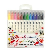 "Pentel"   Набор 2-х сторонних брашпенов Pentel Brush Sign Pen Twin в пластиковой упак.   2.9 мм   12 цв.  пулевидный SESW30C-12