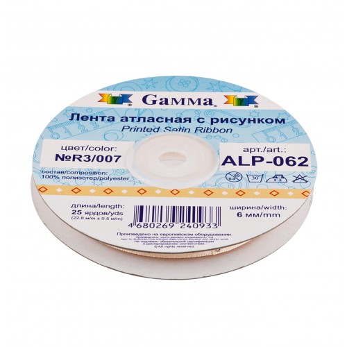Лента атласная 6 мм ( 1/4 ")  "Gamma"   ALP-062   с рисунком   22.8 м ± 0.5 м V1/026 волна/красный