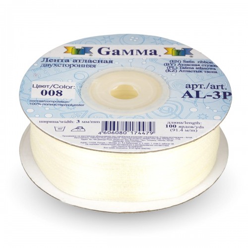 Лента атласная 3 мм ( 1/8 ")  "Gamma"   AL-3P   двухстор.   91.4 м №008 кремовый