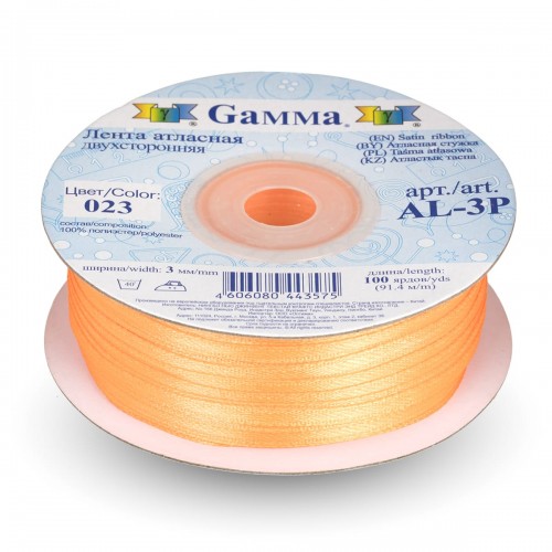 Лента атласная 3 мм ( 1/8 ")  "Gamma"   AL-3P   двухстор.   91.4 м №023 оранжевый