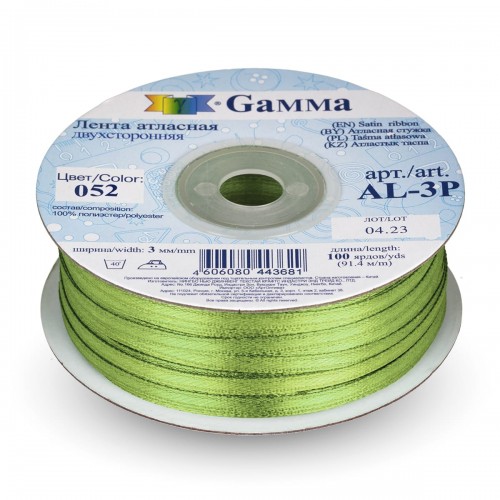 Лента атласная 3 мм ( 1/8 ")  "Gamma"   AL-3P   двухстор.   91.4 м №052 травяной