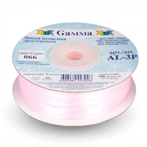 Лента атласная 3 мм ( 1/8 ")  "Gamma"   AL-3P   двухстор.   91.4 м №066 розовый