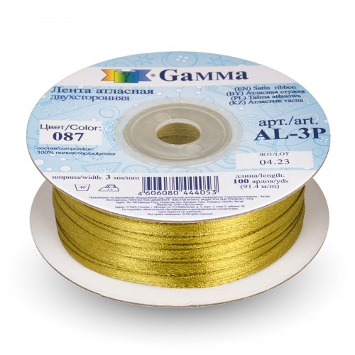 Лента атласная 3 мм ( 1/8 ")  "Gamma"   AL-3P   двухстор.   91.4 м №087 зелено-хаки