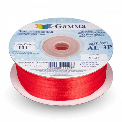 Лента атласная 3 мм ( 1/8 ")  "Gamma"   AL-3P   двухстор.   91.4 м №111 красный