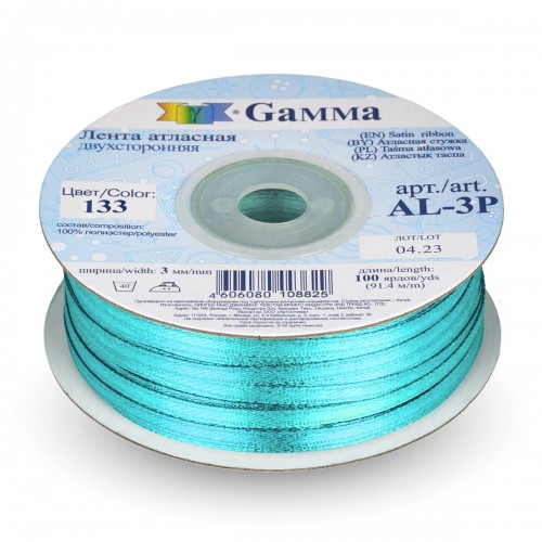 Лента атласная 3 мм ( 1/8 ")  "Gamma"   AL-3P   двухстор.   91.4 м №133  голубой