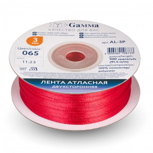 Лента атласная 3 мм ( 1/8 ")  "Gamma"   AL-3P   двухстор.   91.4 м №065 красный