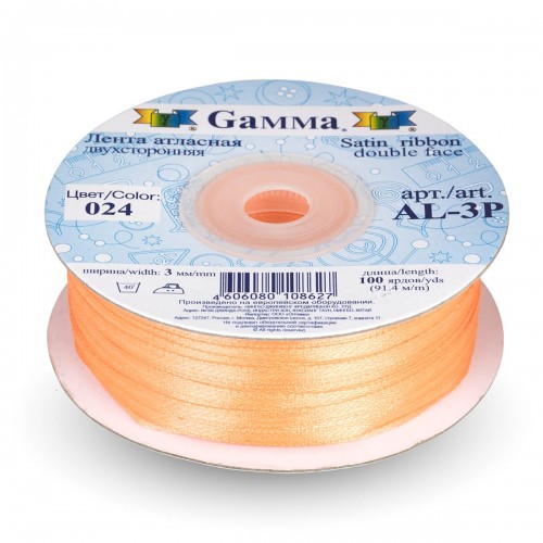 Лента атласная 3 мм ( 1/8 ")  "Gamma"   AL-3P   двухстор.   91.4 м №024 бл.оранжевый