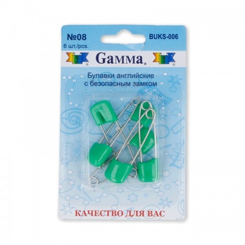 Булавки английские "Gamma"   BUKS-006   с безопасным замком   в блистере   6 шт  40 мм 08 зеленый