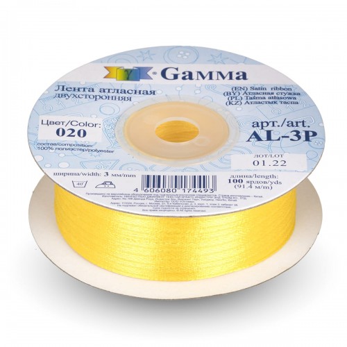 Лента атласная 3 мм ( 1/8 ")  "Gamma"   AL-3P   двухстор.   91.4 м №020 желтый