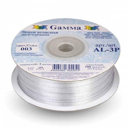 Лента атласная 3 мм ( 1/8 ")  "Gamma"   AL-3P   двухстор.   91.4 м №003 св.серый