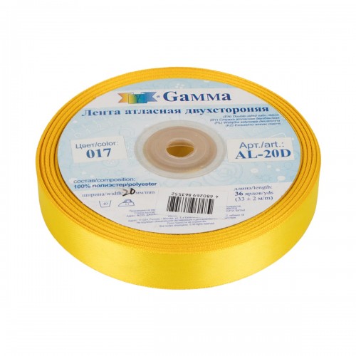 Лента атласная 20 мм ( 3/4 ")  "Gamma"   AL-20D   двухстор.   33 м ± 2 м №017 т.желтый