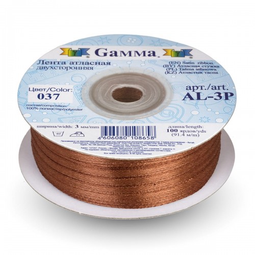 Лента атласная 3 мм ( 1/8 ")  "Gamma"   AL-3P   двухстор.   91.4 м №037 св.коричневый