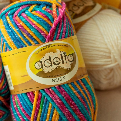 Пряжа ADELIA "NELLY"   70\% шерсть, 30\% акрил   5 шт. х  100 г  100 м ± 5 м №07 голубой-малиновый-оранжевый-салатовый