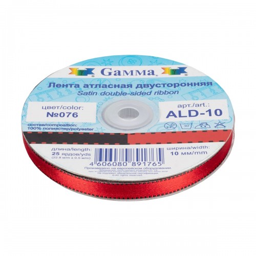 Лента атласная 10 мм ( 3/8 ")  "Gamma"   ALD-10   двухстор.   22.8 м ± 0.5 м №015 черный/желтый