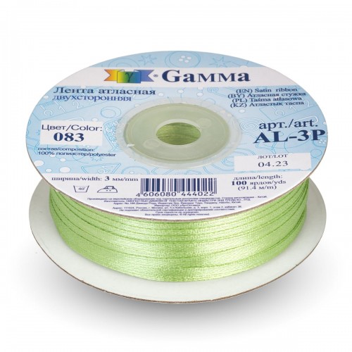 Лента атласная 3 мм ( 1/8 ")  "Gamma"   AL-3P   двухстор.   91.4 м №083 св.зеленый