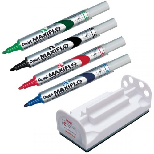 "Pentel"   Набор маркеров для белых досок Maxiflo 4 цвета /упак.+ магнит.губка   4 мм   пулевидный MWL5S-4N черный,красный,синий,зелёный
