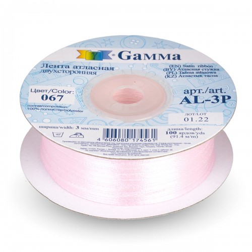 Лента атласная 3 мм ( 1/8 ")  "Gamma"   AL-3P   двухстор.   91.4 м №067 св-розовый