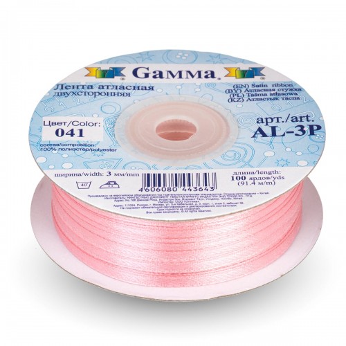 Лента атласная 3 мм ( 1/8 ")  "Gamma"   AL-3P   двухстор.   91.4 м №041 розовый