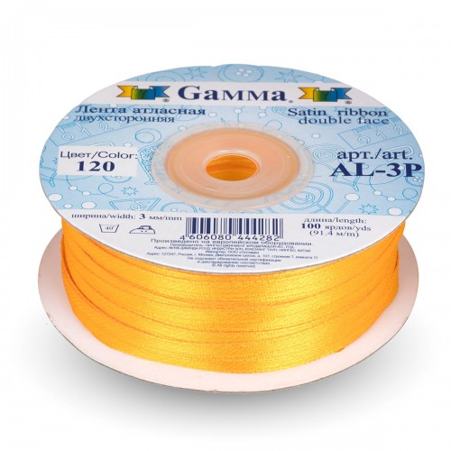 Лента атласная 3 мм ( 1/8 ")  "Gamma"   AL-3P   двухстор.   91.4 м №120 т-желтый