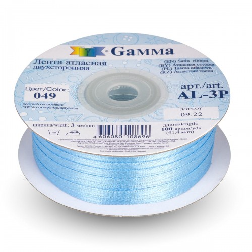 Лента атласная 3 мм ( 1/8 ")  "Gamma"   AL-3P   двухстор.   91.4 м №049 голубой