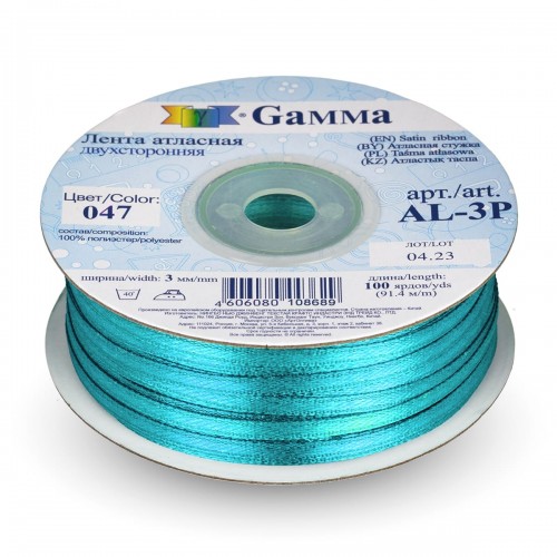 Лента атласная 3 мм ( 1/8 ")  "Gamma"   AL-3P   двухстор.   91.4 м №047 лазурный
