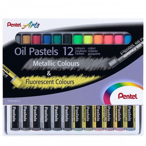 "Pentel"   Пастель масляная в картоне, флуоресцентная 6 цв. + металлик 6 цв.   12 цв. PHN-MF12