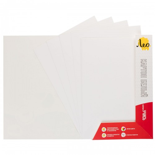 "Лео"   "Учись"   Картон белый, мелованный   LNWCB-01   200 г/м2  A4   21 х  29.7 см  8 л.  1 цв. .