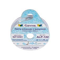 Лента атласная 12 мм ( 1/2 ")  "Gamma"   ALP-122   с рисунком   ФАСОВКА   5 x  3 м P3/001 листочки/белый