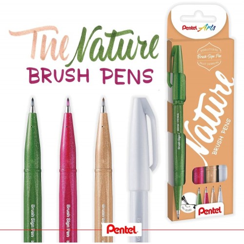 "Pentel"   Набор брашпенов Pentel Brush Pens Nature, 4 шт., разные цвета чернил   от 0.2 мм   4 цв.  кисть SES15N-4