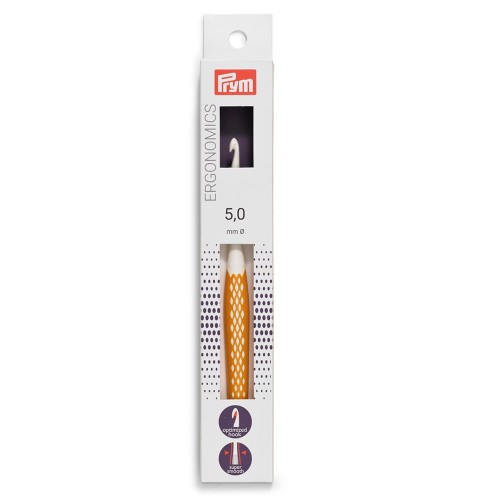 Для вязания "PRYM"   218487   крючок для вязания Ergonomics   пластик  d 5.0 мм  16 см  в картонной упаковке медовый