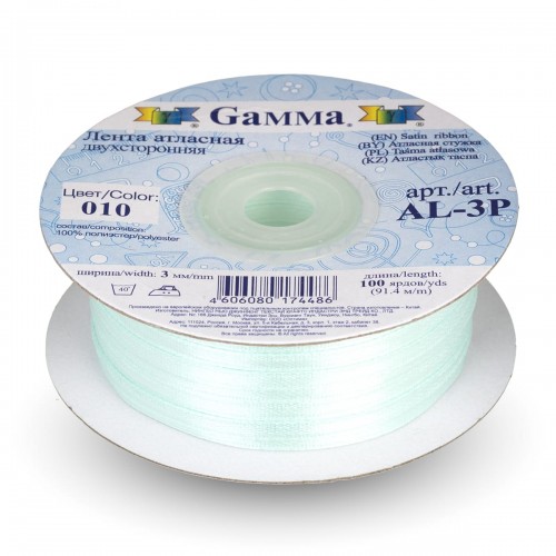 Лента атласная 3 мм ( 1/8 ")  "Gamma"   AL-3P   двухстор.   91.4 м №010 мятный